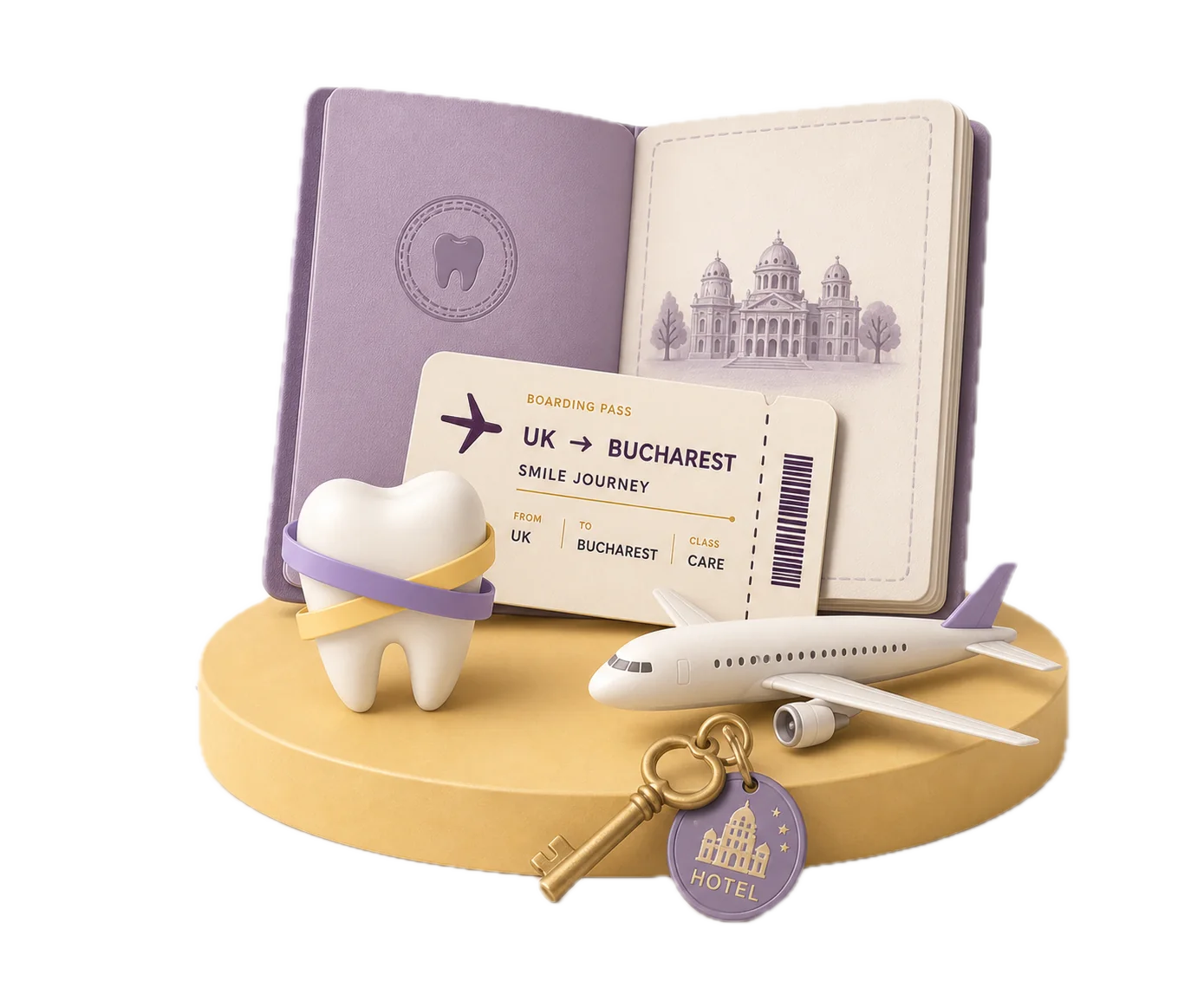 3D passport and boarding pass from the UK to Bucharest with a tooth, hotel key and toy plane