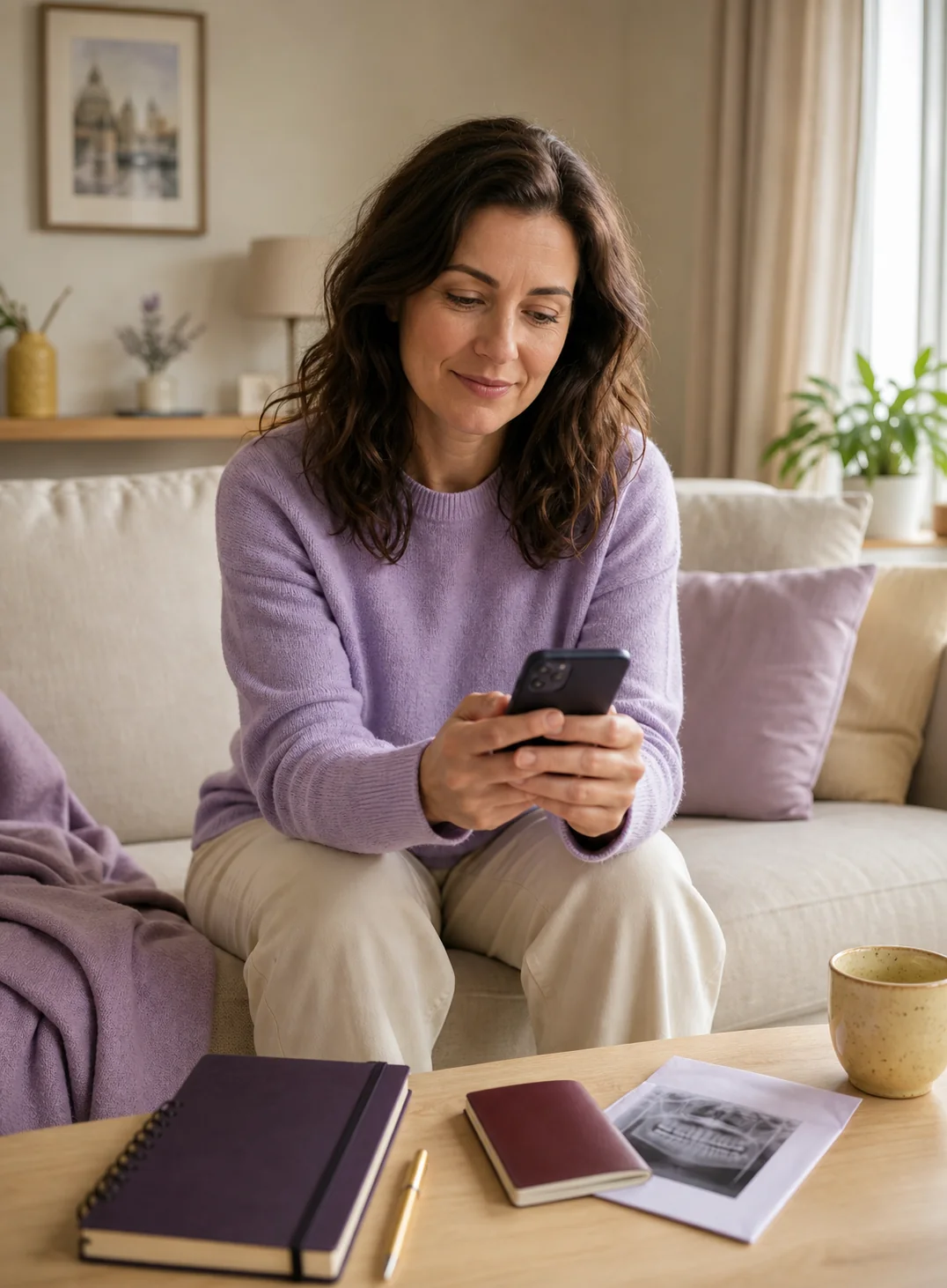 Woman on her sofa sending smile photos from her phone