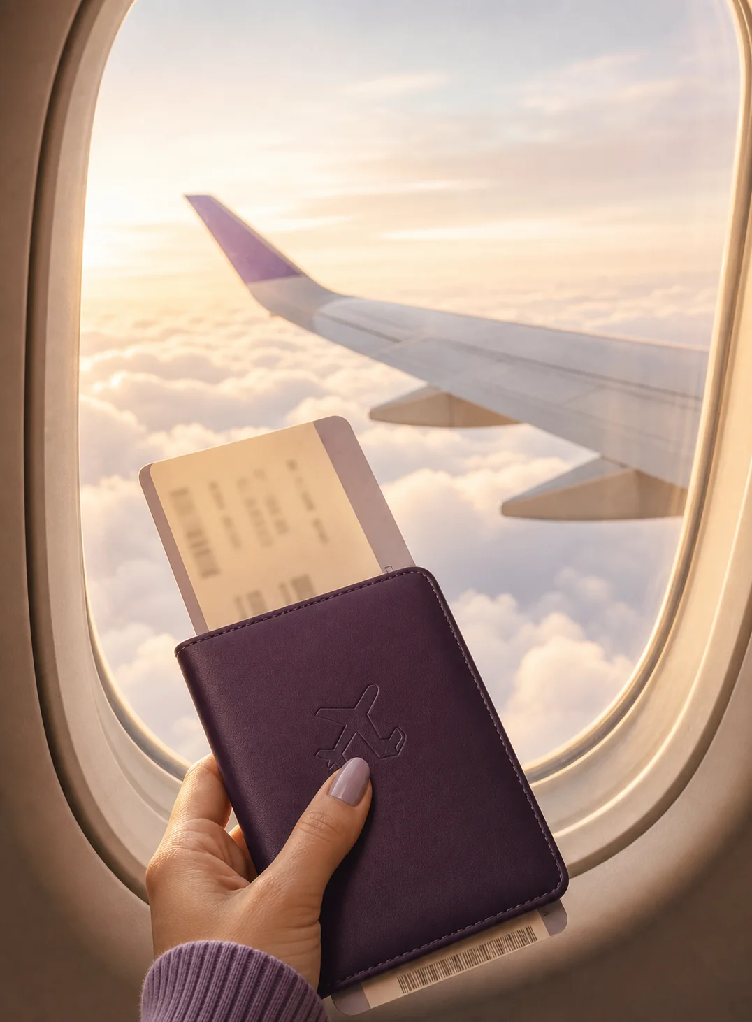 Passport and boarding pass held up by a plane window above the clouds