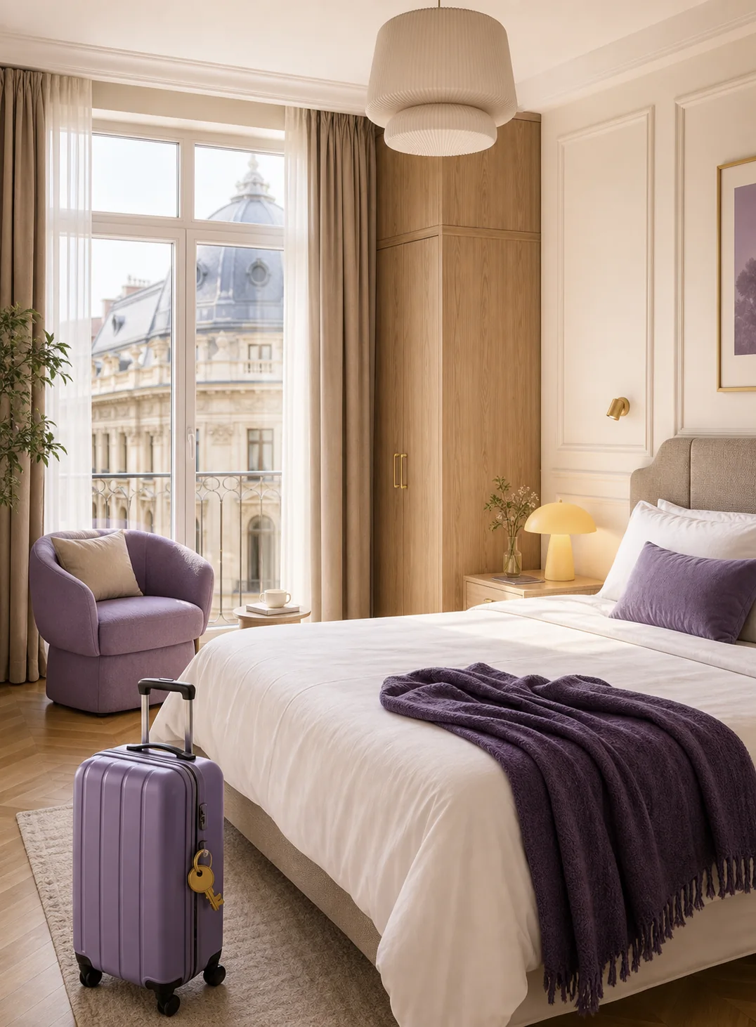 Hotel room with a lilac suitcase ready by the bed
