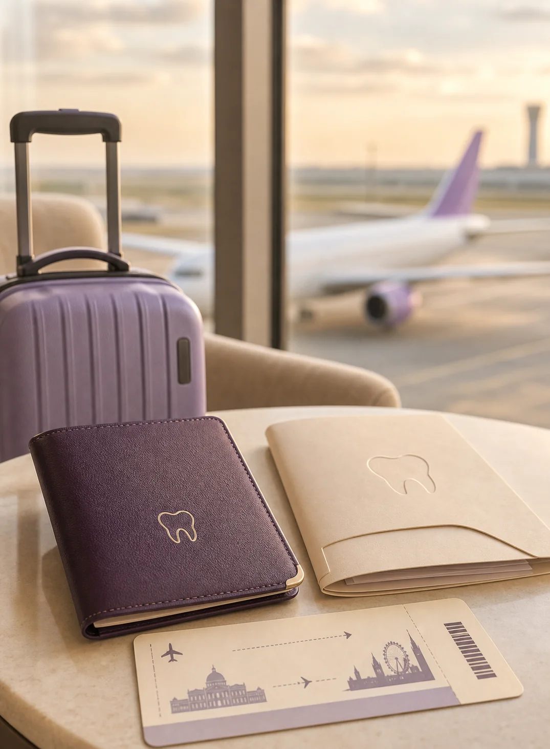 Suitcase, passport wallet and aftercare folder at the airport gate