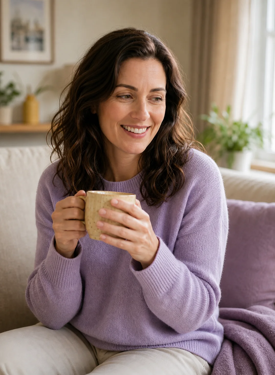 Woman at home smiling with a cup of tea